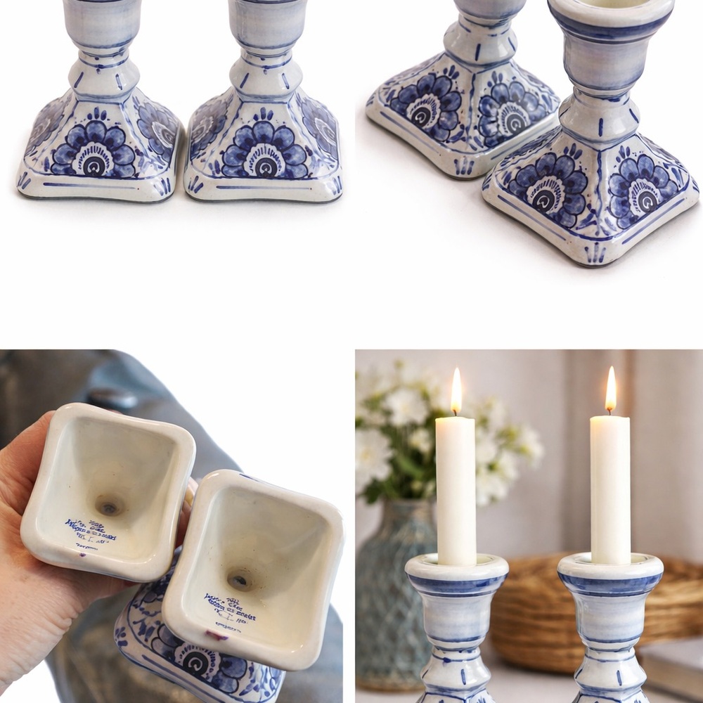Vintage Delft Blue Candlestick Holders | Hand-Painted Holland Pair